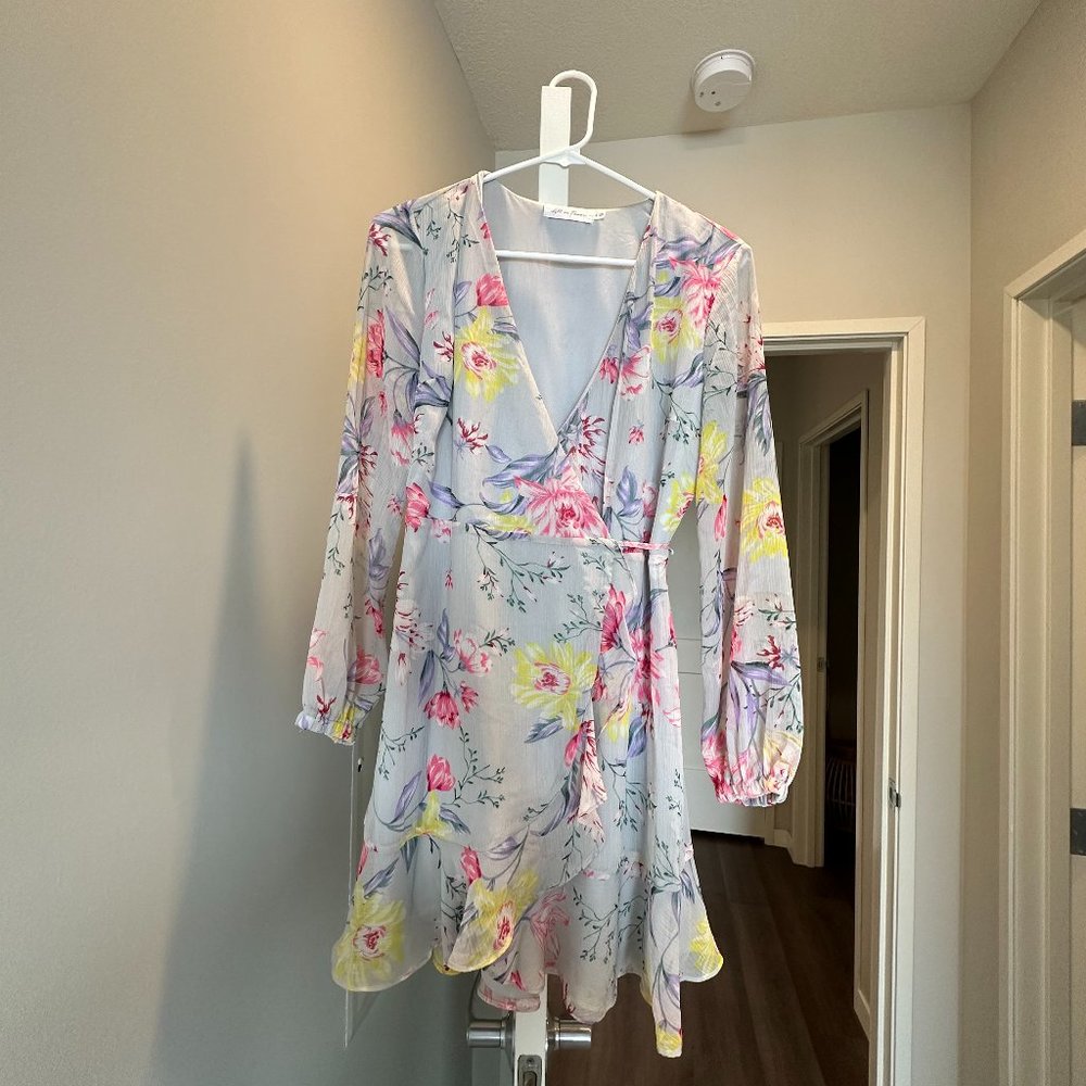Floral Blue Wrap Tie Mini Dress